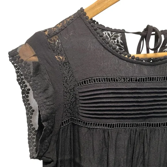 Anthropologie Meadow Rue Black Rayon Blouse Sz S Embellished Eyelet Tie Closure - Picture 1 of 7